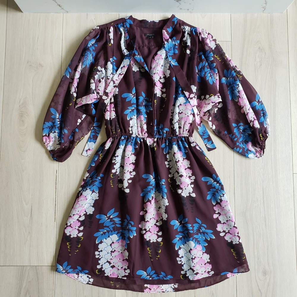 Ann Taylor Dress Womens SP Burgundy Floral Wisteria Chiffon Tie Neck Blouson